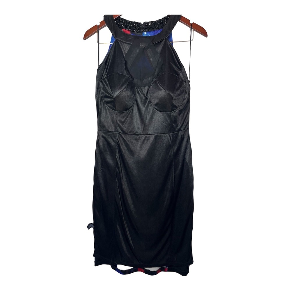 JAX Floral Sheath Dress Women 12 Black Blue Beaded Halter Neck - Picture 11 of 12